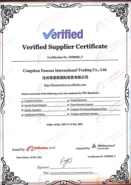 Çin Cangzhou Famous International Trading Co., Ltd Sertifikalar
